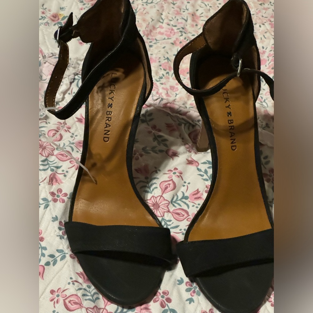 Lucky Brand Juliett stiletto heels. Black. Leather. Ankle strap. Lightly worn